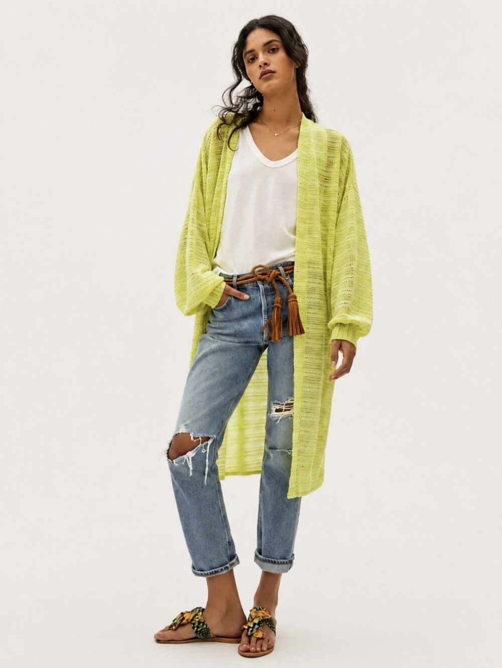 ANTHROPOLOGIE Women's Cardigan One Size Neon Yellow Sheer Knit Open Front Long